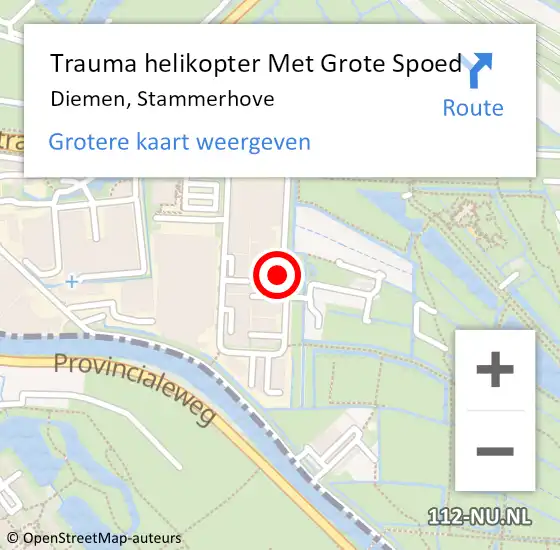 Locatie op kaart van de 112 melding: Trauma helikopter Met Grote Spoed Naar Diemen, Stammerhove op 10 oktober 2021 02:31