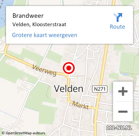 Locatie op kaart van de 112 melding: Brandweer Velden, Kloosterstraat op 10 oktober 2021 10:19