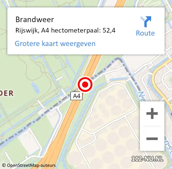 Locatie op kaart van de 112 melding: Brandweer Rijswijk, A4 hectometerpaal: 52,4 op 10 oktober 2021 13:03