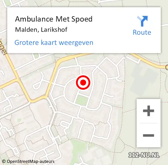 Locatie op kaart van de 112 melding: Ambulance Met Spoed Naar Malden, Larikshof op 10 oktober 2021 15:00
