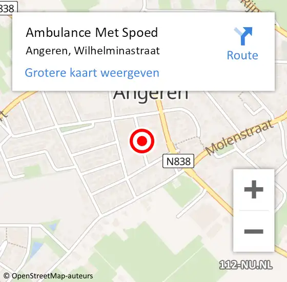 Locatie op kaart van de 112 melding: Ambulance Met Spoed Naar Angeren, Wilhelminastraat op 10 oktober 2021 15:06