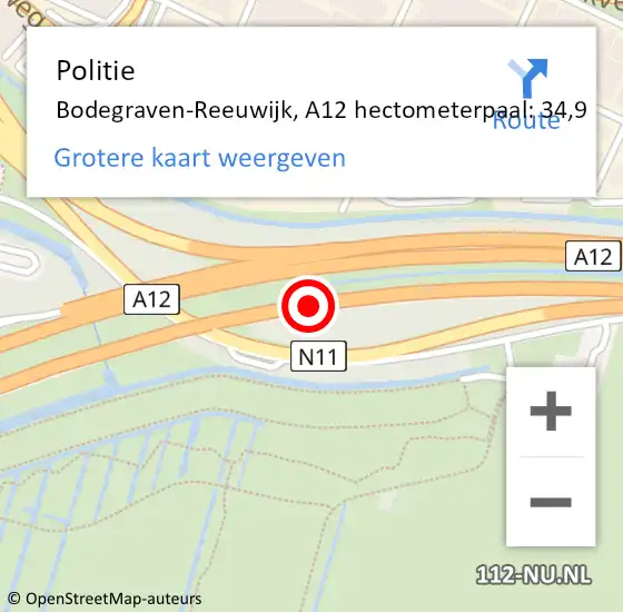 Locatie op kaart van de 112 melding: Politie Bodegraven-Reeuwijk, A12 hectometerpaal: 34,9 op 10 oktober 2021 17:24