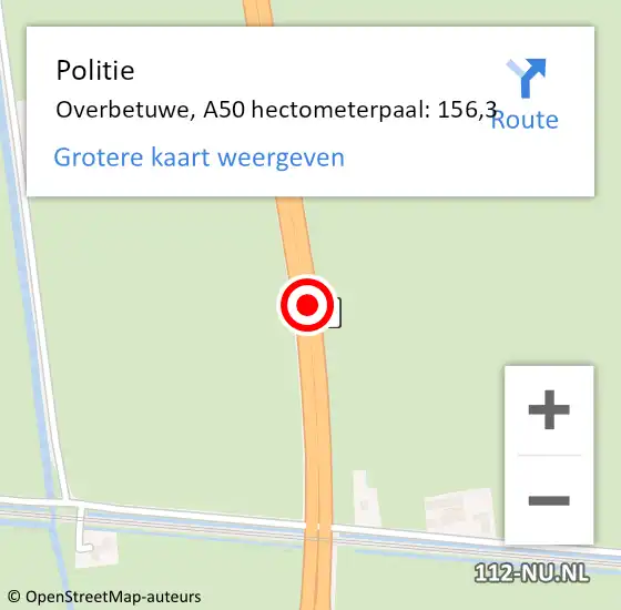 Locatie op kaart van de 112 melding: Politie Overbetuwe, A50 hectometerpaal: 156,3 op 10 oktober 2021 18:02