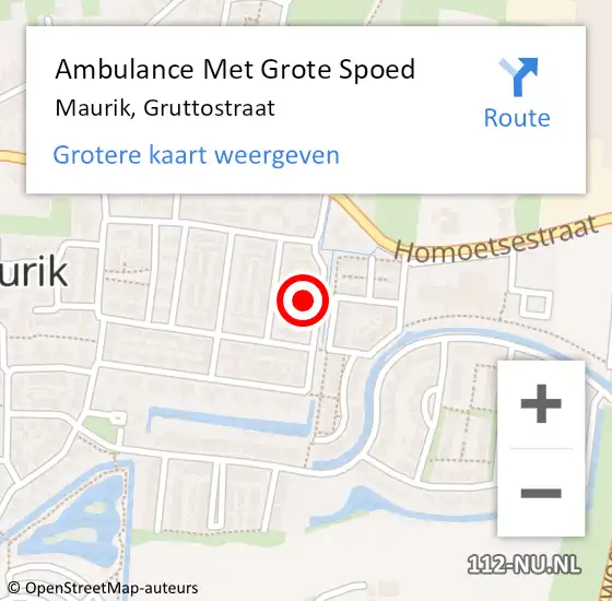 Locatie op kaart van de 112 melding: Ambulance Met Grote Spoed Naar Maurik, Gruttostraat op 10 oktober 2021 18:29