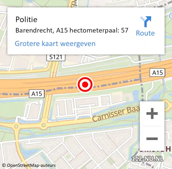 Locatie op kaart van de 112 melding: Politie Barendrecht, A15 hectometerpaal: 57 op 10 oktober 2021 20:16