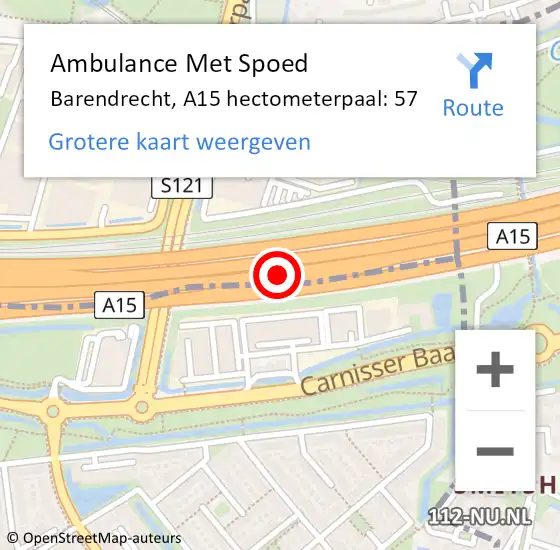 Locatie op kaart van de 112 melding: Ambulance Met Spoed Naar Barendrecht, A15 hectometerpaal: 57 op 10 oktober 2021 20:17