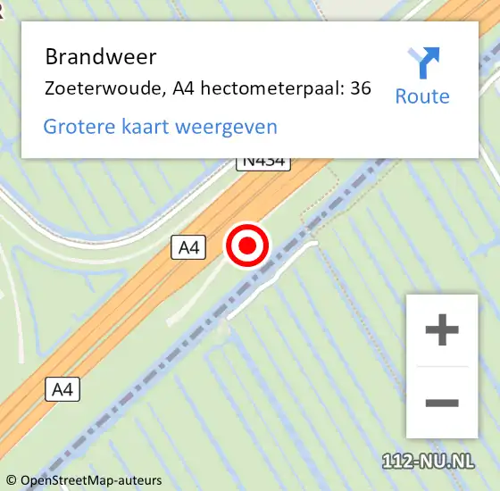 Locatie op kaart van de 112 melding: Brandweer Zoeterwoude, A4 hectometerpaal: 36 op 10 oktober 2021 22:16