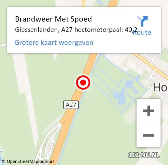 Locatie op kaart van de 112 melding: Brandweer Met Spoed Naar Giessenlanden, A27 hectometerpaal: 40,2 op 11 oktober 2021 02:34