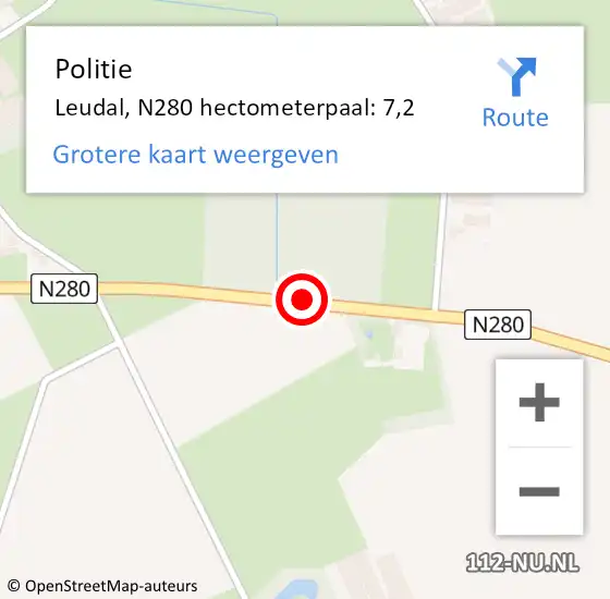 Locatie op kaart van de 112 melding: Politie Leudal, N280 hectometerpaal: 7,2 op 11 oktober 2021 06:06