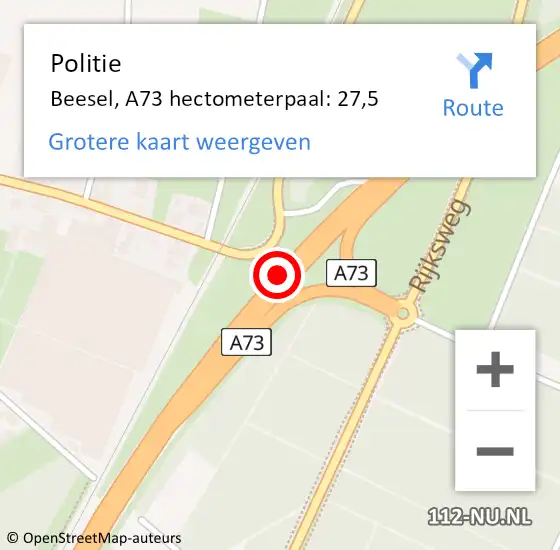 Locatie op kaart van de 112 melding: Politie Beesel, A73 hectometerpaal: 27,5 op 11 oktober 2021 06:58