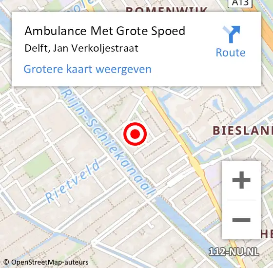 Locatie op kaart van de 112 melding: Ambulance Met Grote Spoed Naar Delft, Jan Verkoljestraat op 11 oktober 2021 07:27