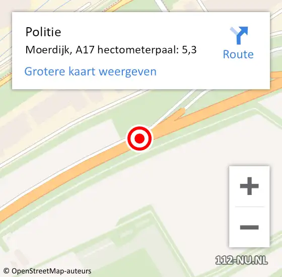 Locatie op kaart van de 112 melding: Politie Moerdijk, A17 hectometerpaal: 5,3 op 11 oktober 2021 08:17