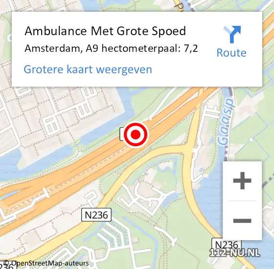 Locatie op kaart van de 112 melding: Ambulance Met Grote Spoed Naar Amsterdam, A9 hectometerpaal: 7,2 op 11 oktober 2021 08:23