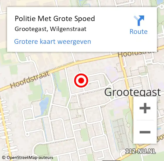 Locatie op kaart van de 112 melding: Politie Met Grote Spoed Naar Grootegast, Wilgenstraat op 11 oktober 2021 08:34