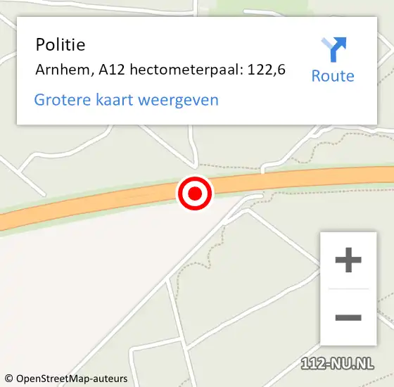 Locatie op kaart van de 112 melding: Politie Arnhem, A12 hectometerpaal: 122,6 op 11 oktober 2021 10:30