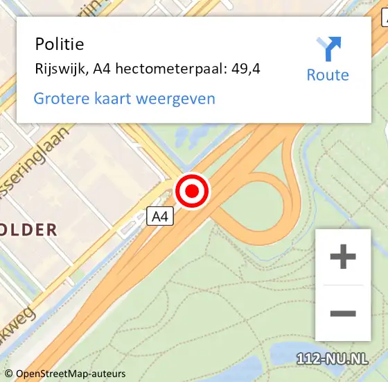 Locatie op kaart van de 112 melding: Politie Rijswijk, A4 hectometerpaal: 49,4 op 11 oktober 2021 10:48