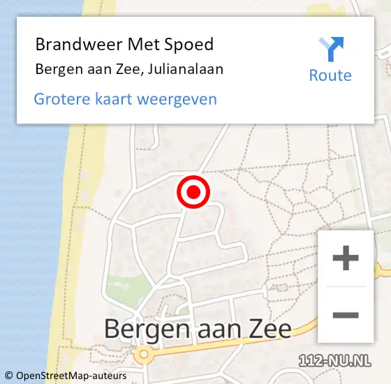 Locatie op kaart van de 112 melding: Brandweer Met Spoed Naar Bergen aan Zee, Julianalaan op 11 oktober 2021 12:43