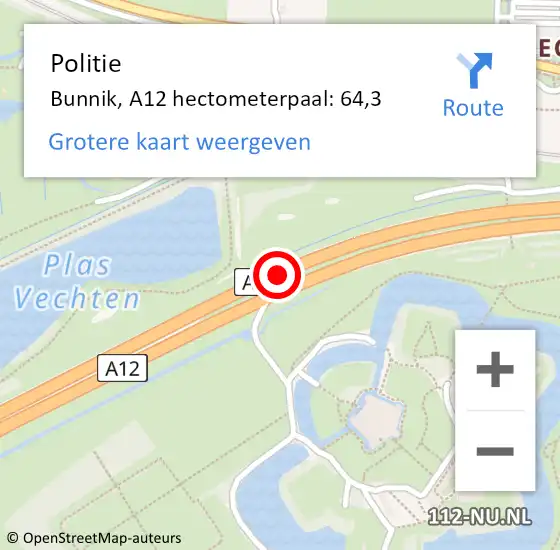 Locatie op kaart van de 112 melding: Politie Bunnik, A12 hectometerpaal: 64,3 op 11 oktober 2021 13:23