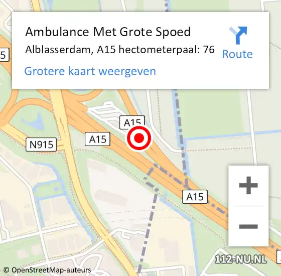Locatie op kaart van de 112 melding: Ambulance Met Grote Spoed Naar Alblasserdam, A15 hectometerpaal: 76 op 11 oktober 2021 13:50