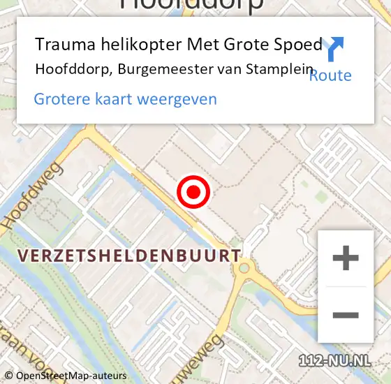 Locatie op kaart van de 112 melding: Trauma helikopter Met Grote Spoed Naar Hoofddorp, Burgemeester van Stamplein op 11 oktober 2021 14:07