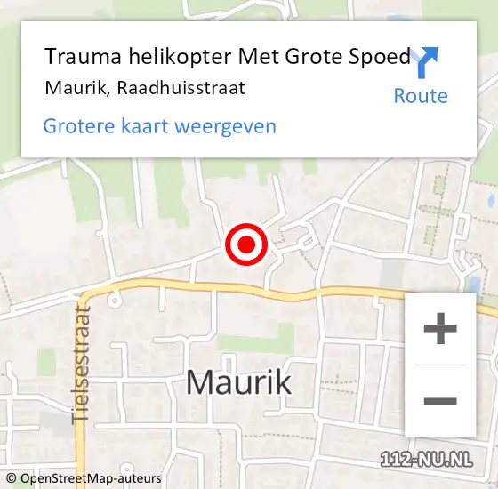 Locatie op kaart van de 112 melding: Trauma helikopter Met Grote Spoed Naar Maurik, Raadhuisstraat op 11 oktober 2021 14:38