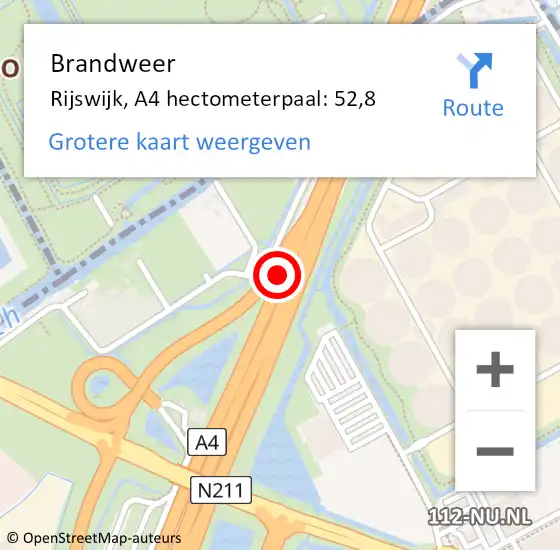 Locatie op kaart van de 112 melding: Brandweer Rijswijk, A4 hectometerpaal: 52,8 op 11 oktober 2021 15:51