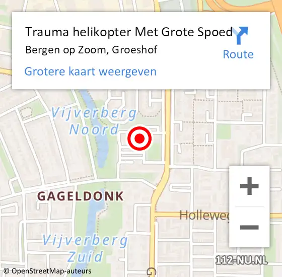 Locatie op kaart van de 112 melding: Trauma helikopter Met Grote Spoed Naar Bergen op Zoom, Groeshof op 11 oktober 2021 19:14