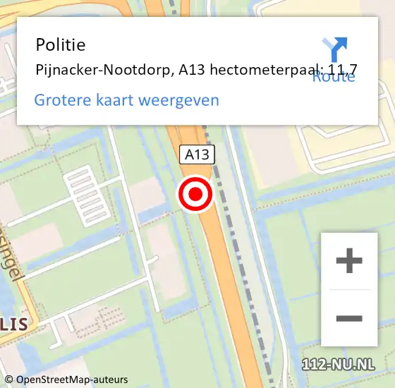 Locatie op kaart van de 112 melding: Politie Pijnacker-Nootdorp, A13 hectometerpaal: 11,7 op 12 oktober 2021 08:30