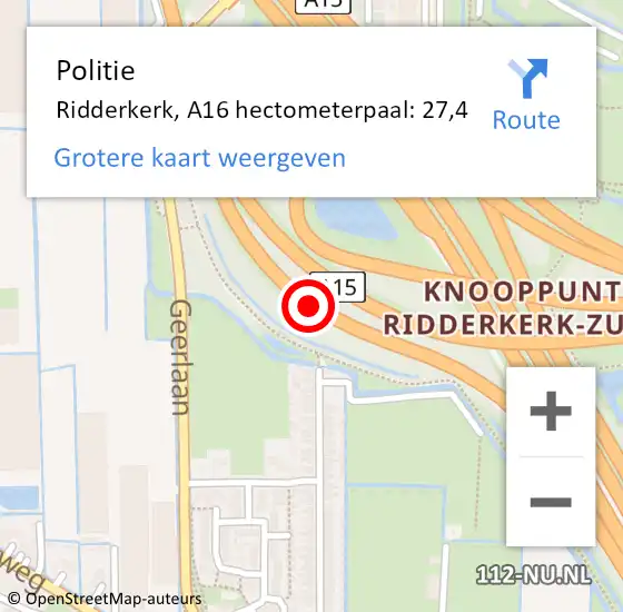 Locatie op kaart van de 112 melding: Politie Ridderkerk, A16 hectometerpaal: 27,4 op 12 oktober 2021 08:36