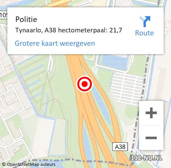 Locatie op kaart van de 112 melding: Politie Tynaarlo, A38 hectometerpaal: 21,7 op 12 oktober 2021 08:40