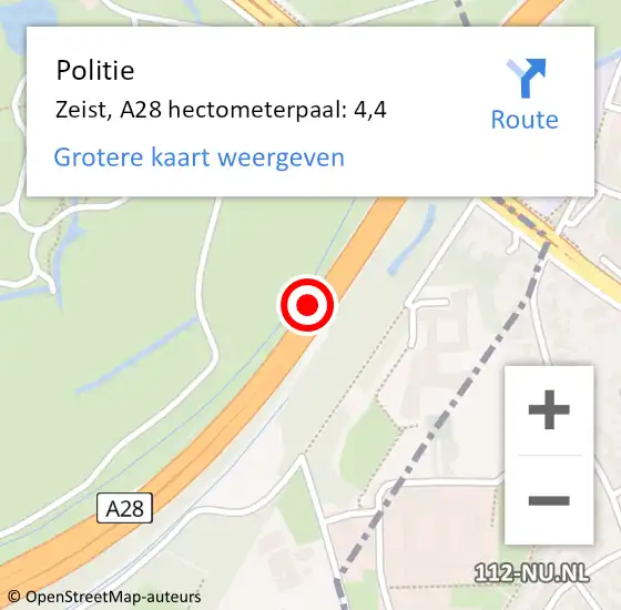 Locatie op kaart van de 112 melding: Politie Zeist, A28 hectometerpaal: 4,4 op 12 oktober 2021 09:04