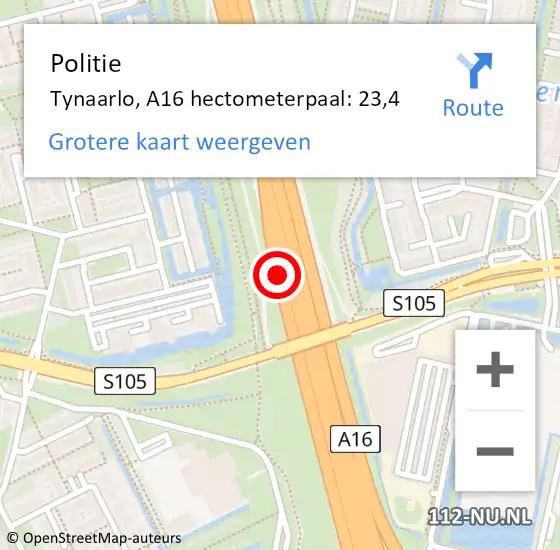 Locatie op kaart van de 112 melding: Politie Tynaarlo, A16 hectometerpaal: 23,4 op 12 oktober 2021 09:21