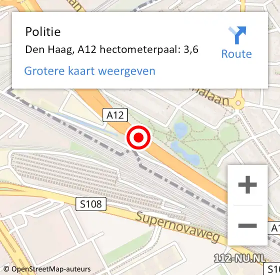 Locatie op kaart van de 112 melding: Politie Den Haag, A12 hectometerpaal: 3,6 op 12 oktober 2021 09:34