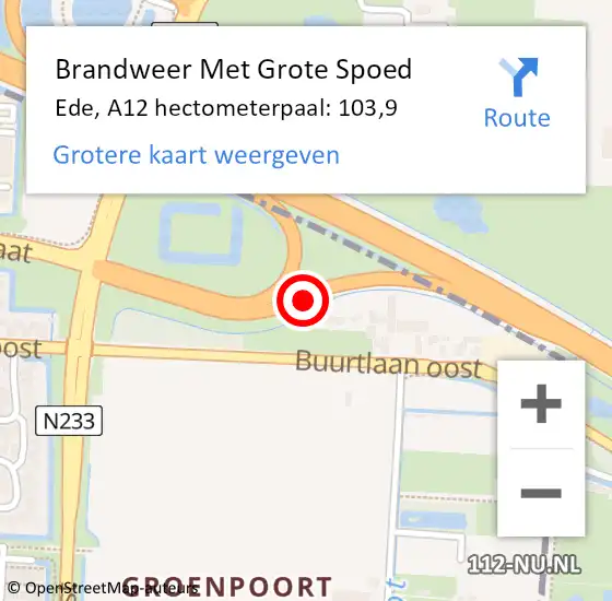 Locatie op kaart van de 112 melding: Brandweer Met Grote Spoed Naar Ede, A12 hectometerpaal: 103,9 op 12 oktober 2021 09:56