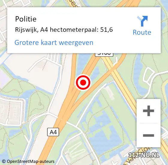 Locatie op kaart van de 112 melding: Politie Rijswijk, A4 hectometerpaal: 51,6 op 12 oktober 2021 10:21