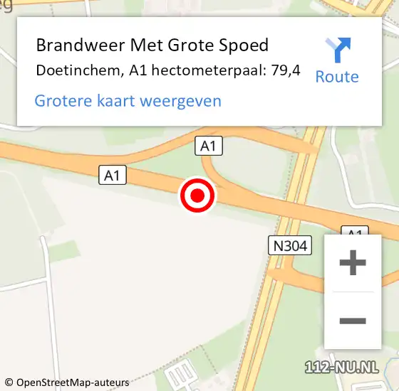 Locatie op kaart van de 112 melding: Brandweer Met Grote Spoed Naar Doetinchem, A1 hectometerpaal: 79,4 op 12 oktober 2021 10:26