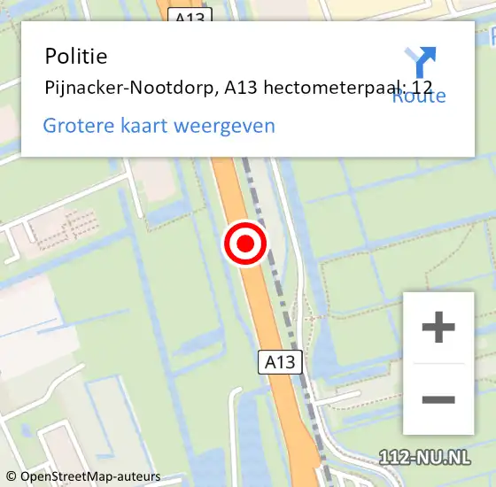 Locatie op kaart van de 112 melding: Politie Pijnacker-Nootdorp, A13 hectometerpaal: 12 op 12 oktober 2021 10:47