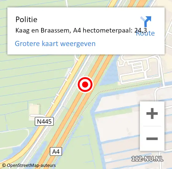 Locatie op kaart van de 112 melding: Politie Kaag en Braassem, A4 hectometerpaal: 24,3 op 12 oktober 2021 10:52