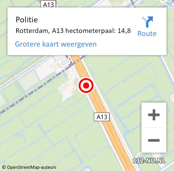 Locatie op kaart van de 112 melding: Politie Rotterdam, A13 hectometerpaal: 14,8 op 12 oktober 2021 13:20