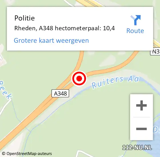 Locatie op kaart van de 112 melding: Politie Rheden, A348 hectometerpaal: 10,4 op 12 oktober 2021 14:15