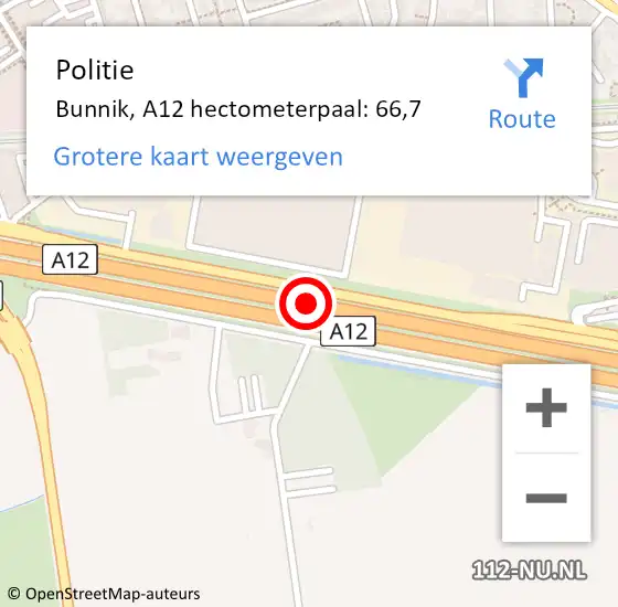 Locatie op kaart van de 112 melding: Politie Bunnik, A12 hectometerpaal: 66,7 op 12 oktober 2021 14:51