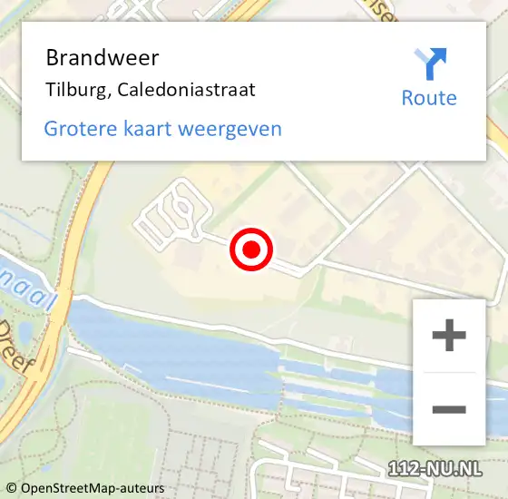 Locatie op kaart van de 112 melding: Brandweer Tilburg, Caledoniastraat op 12 oktober 2021 15:03