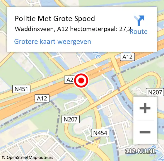Locatie op kaart van de 112 melding: Politie Met Grote Spoed Naar Waddinxveen, A12 hectometerpaal: 27,2 op 12 oktober 2021 15:59