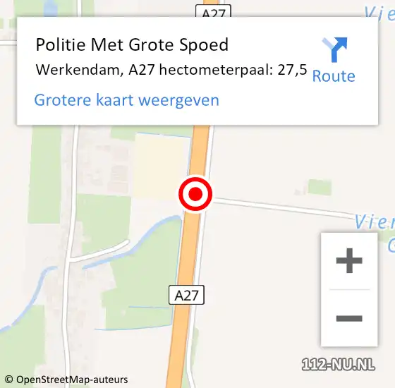 Locatie op kaart van de 112 melding: Politie Met Grote Spoed Naar Werkendam, A27 hectometerpaal: 27,5 op 12 oktober 2021 15:59