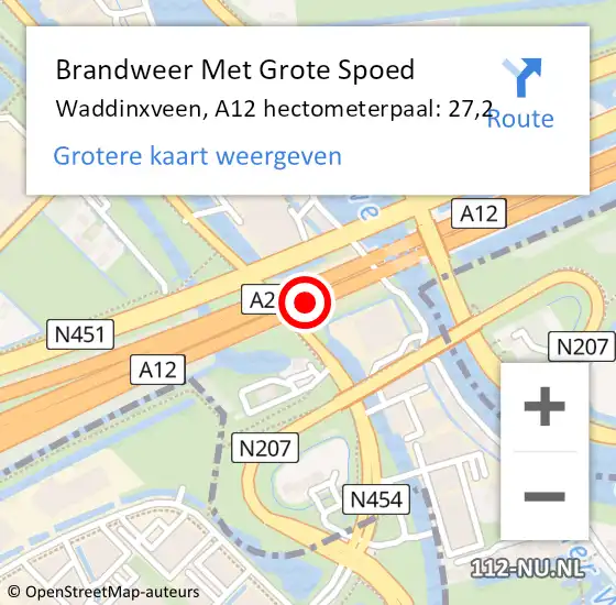 Locatie op kaart van de 112 melding: Brandweer Met Grote Spoed Naar Waddinxveen, A12 hectometerpaal: 27,2 op 12 oktober 2021 16:04