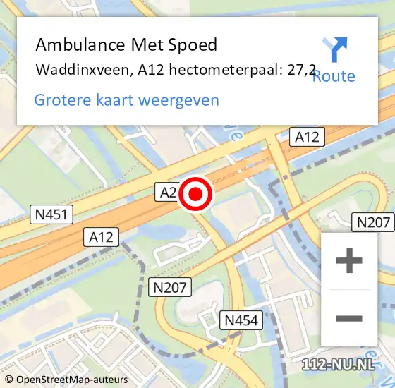 Locatie op kaart van de 112 melding: Ambulance Met Spoed Naar Waddinxveen, A12 hectometerpaal: 27,2 op 12 oktober 2021 16:07