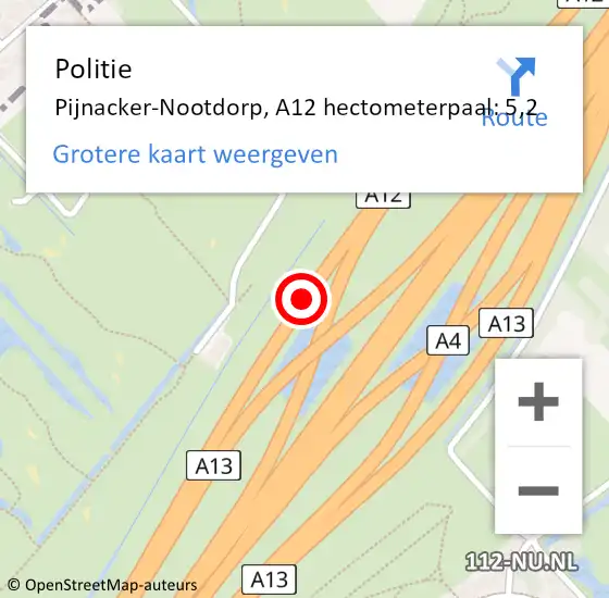 Locatie op kaart van de 112 melding: Politie Den Haag, A12 hectometerpaal: 5,2 op 12 oktober 2021 16:15