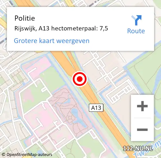 Locatie op kaart van de 112 melding: Politie Rijswijk, A13 hectometerpaal: 7,5 op 12 oktober 2021 16:36