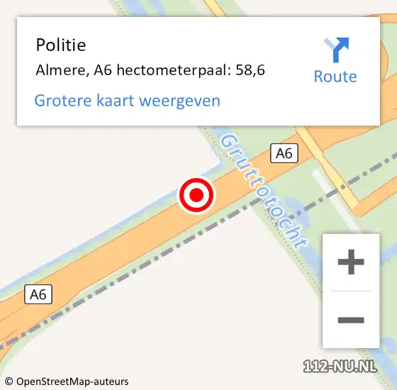 Locatie op kaart van de 112 melding: Politie Almere, A6 hectometerpaal: 58,6 op 12 oktober 2021 18:08