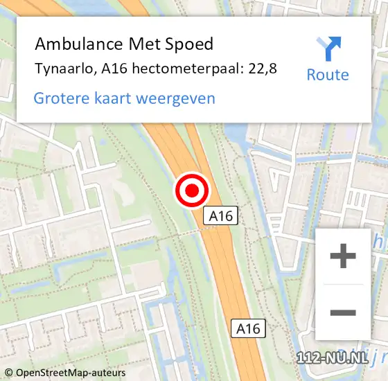 Locatie op kaart van de 112 melding: Ambulance Met Spoed Naar Tynaarlo, A16 hectometerpaal: 22,8 op 12 oktober 2021 18:29